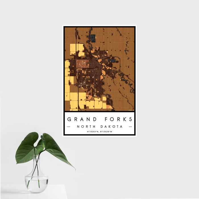 16x24 Grand Forks North Dakota Map Print Portrait Orientation in Ember Style With Tropical Plant Leaves in Water
