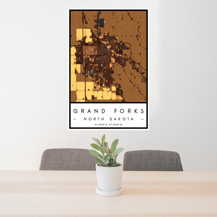 24x36 Grand Forks North Dakota Map Print Portrait Orientation in Ember Style Behind 2 Chairs Table and Potted Plant