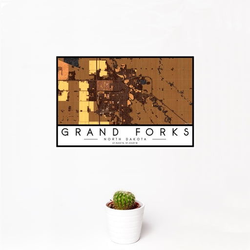12x18 Grand Forks North Dakota Map Print Landscape Orientation in Ember Style With Small Cactus Plant in White Planter
