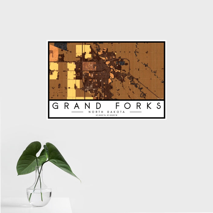 16x24 Grand Forks North Dakota Map Print Landscape Orientation in Ember Style With Tropical Plant Leaves in Water