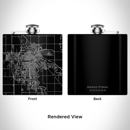 Rendered View of Grand Forks North Dakota Map Engraving on 6oz Stainless Steel Flask in Black