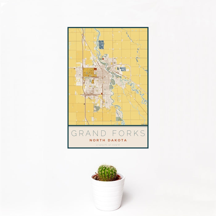 12x18 Grand Forks North Dakota Map Print Portrait Orientation in Woodblock Style With Small Cactus Plant in White Planter