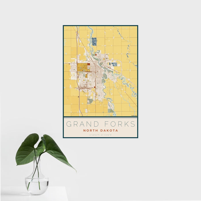 16x24 Grand Forks North Dakota Map Print Portrait Orientation in Woodblock Style With Tropical Plant Leaves in Water