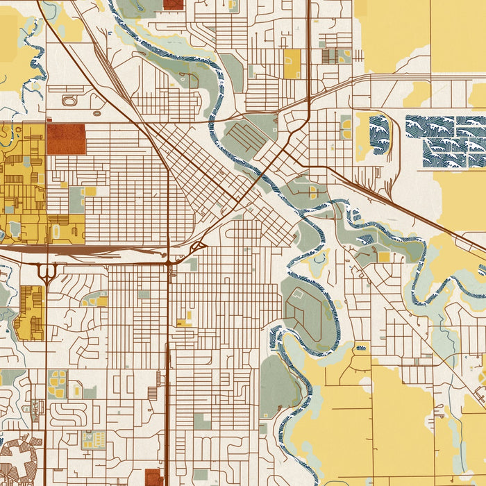 Grand Forks North Dakota Map Print in Woodblock Style Zoomed In Close Up Showing Details