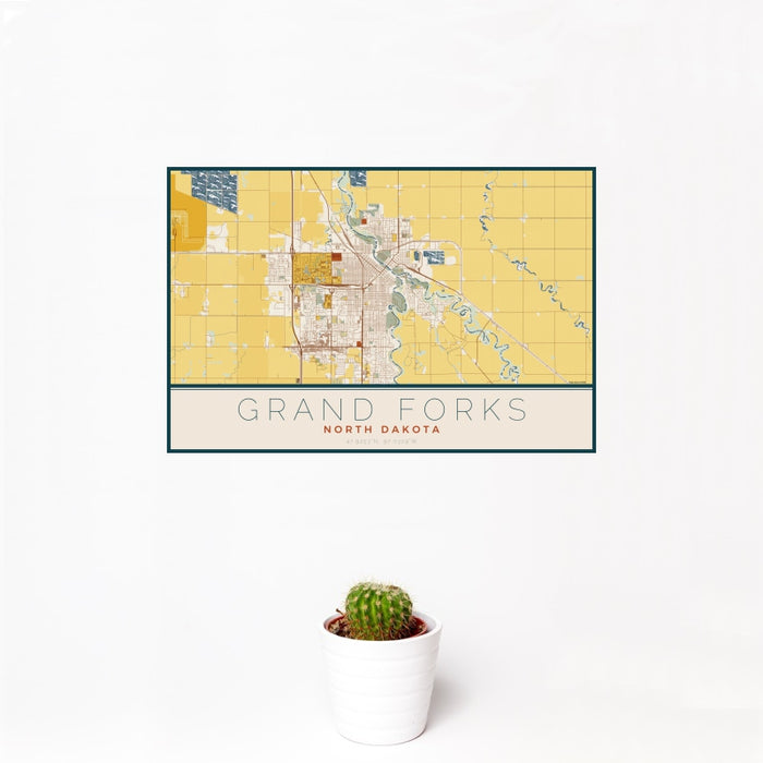 12x18 Grand Forks North Dakota Map Print Landscape Orientation in Woodblock Style With Small Cactus Plant in White Planter