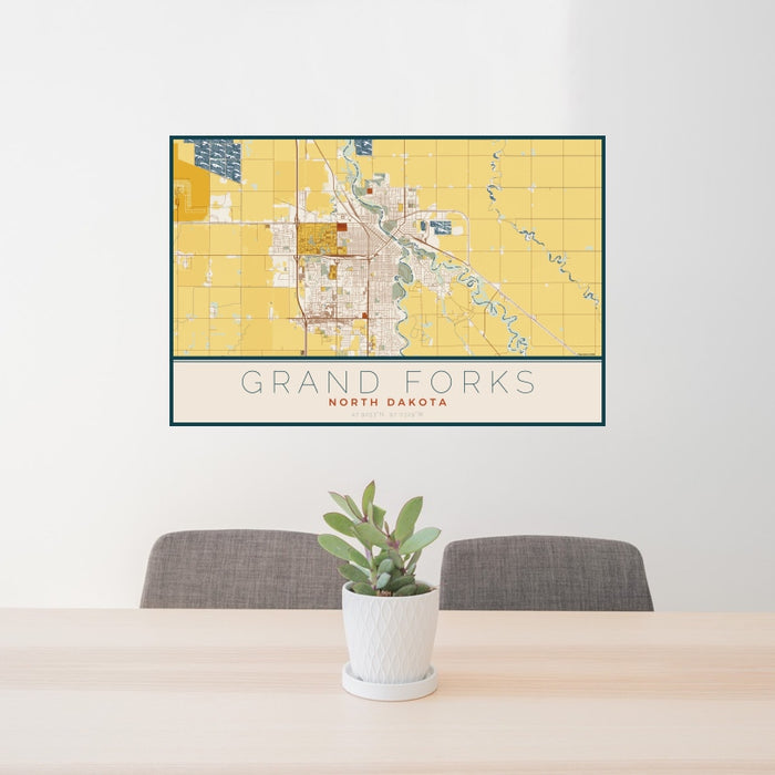 24x36 Grand Forks North Dakota Map Print Landscape Orientation in Woodblock Style Behind 2 Chairs Table and Potted Plant