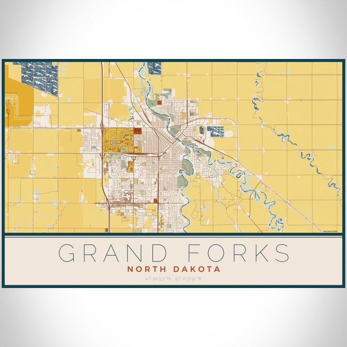Grand Forks North Dakota Map Print Landscape Orientation in Woodblock Style With Shaded Background