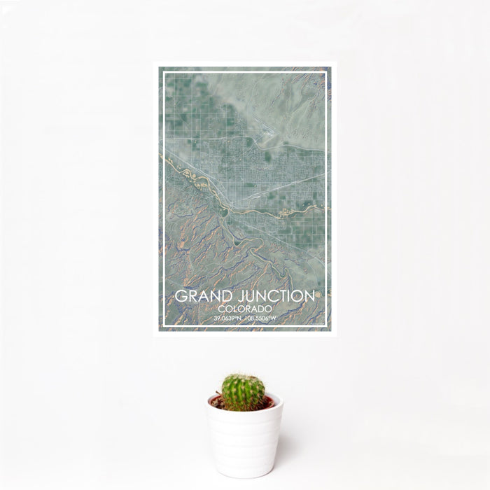 12x18 Grand Junction Colorado Map Print Portrait Orientation in Afternoon Style With Small Cactus Plant in White Planter