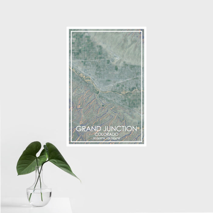 16x24 Grand Junction Colorado Map Print Portrait Orientation in Afternoon Style With Tropical Plant Leaves in Water