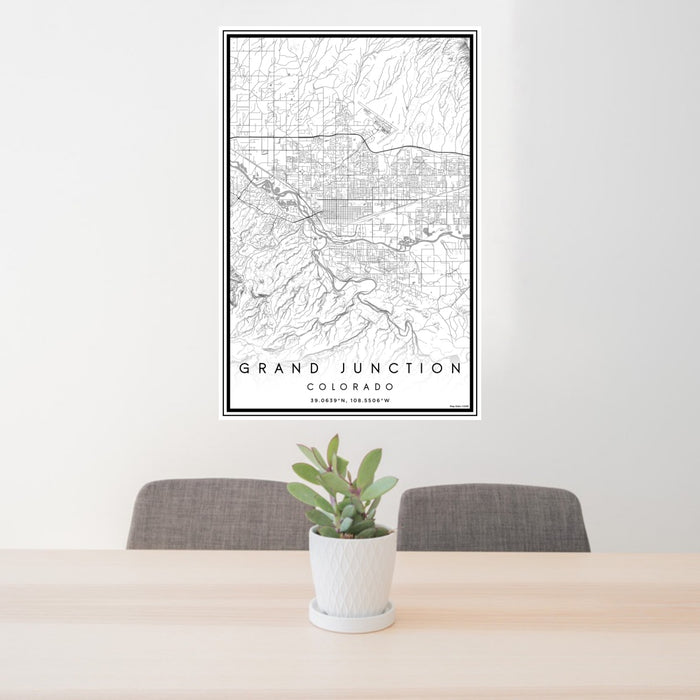 24x36 Grand Junction Colorado Map Print Portrait Orientation in Classic Style Behind 2 Chairs Table and Potted Plant