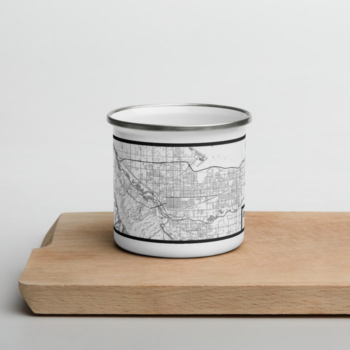 Front View Custom Grand Junction Colorado Map Enamel Mug in Classic on Cutting Board