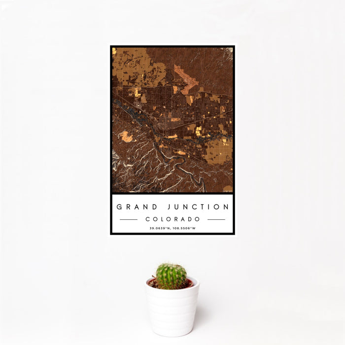 12x18 Grand Junction Colorado Map Print Portrait Orientation in Ember Style With Small Cactus Plant in White Planter