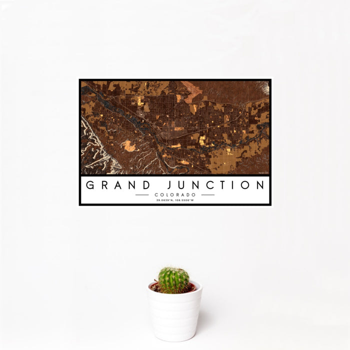 12x18 Grand Junction Colorado Map Print Landscape Orientation in Ember Style With Small Cactus Plant in White Planter