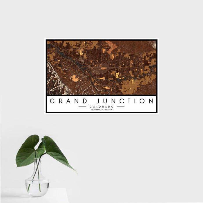 16x24 Grand Junction Colorado Map Print Landscape Orientation in Ember Style With Tropical Plant Leaves in Water