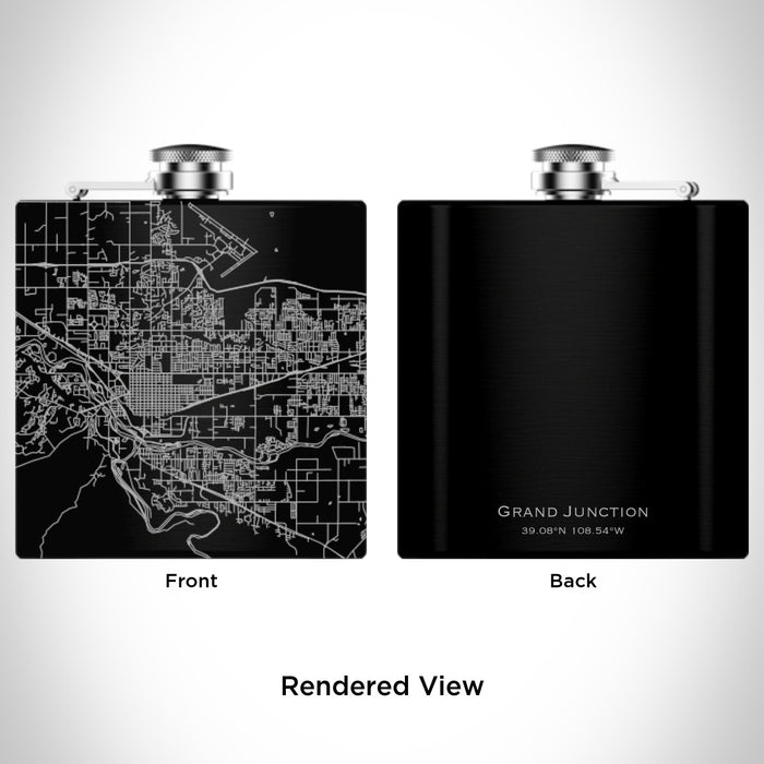 Rendered View of Grand Junction Colorado Map Engraving on 6oz Stainless Steel Flask in Black