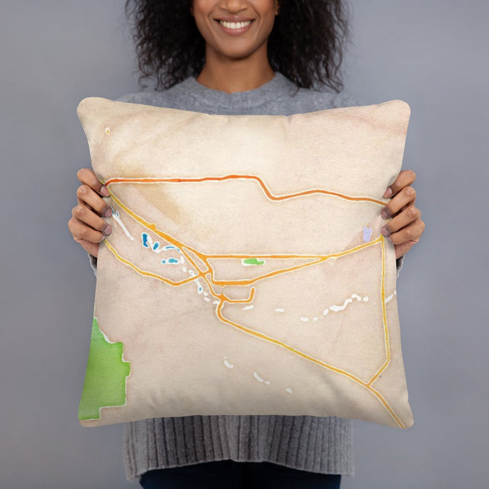 Person holding 18x18 Custom Grand Junction Colorado Map Throw Pillow in Watercolor