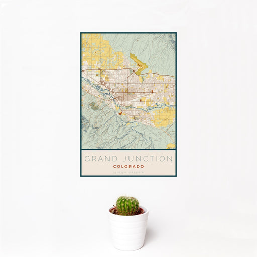 12x18 Grand Junction Colorado Map Print Portrait Orientation in Woodblock Style With Small Cactus Plant in White Planter