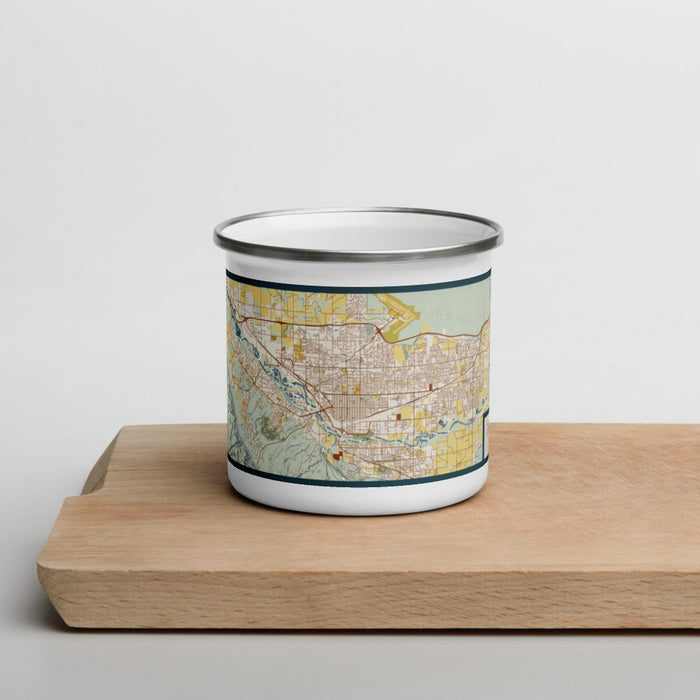 Front View Custom Grand Junction Colorado Map Enamel Mug in Woodblock on Cutting Board