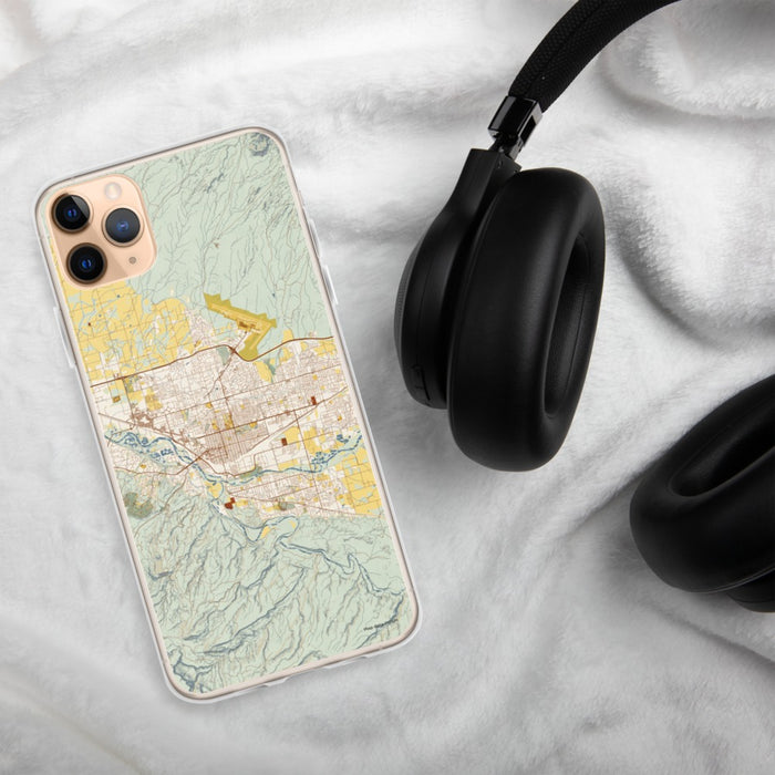 Custom Grand Junction Colorado Map Phone Case in Woodblock on Table with Black Headphones