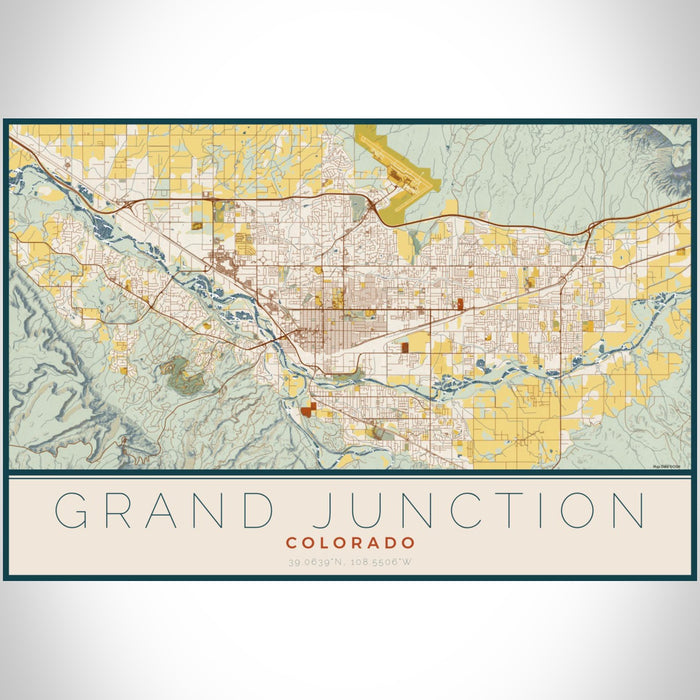 Grand Junction Colorado Map Print Landscape Orientation in Woodblock Style With Shaded Background