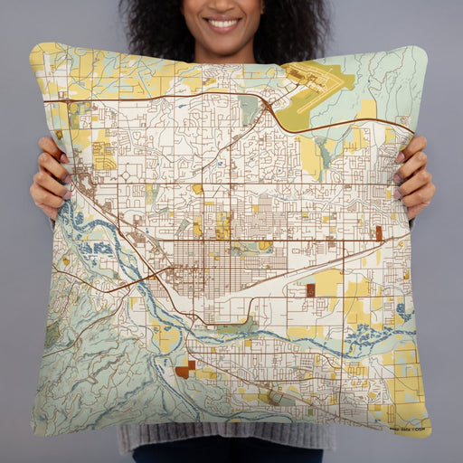 Person holding 22x22 Custom Grand Junction Colorado Map Throw Pillow in Woodblock