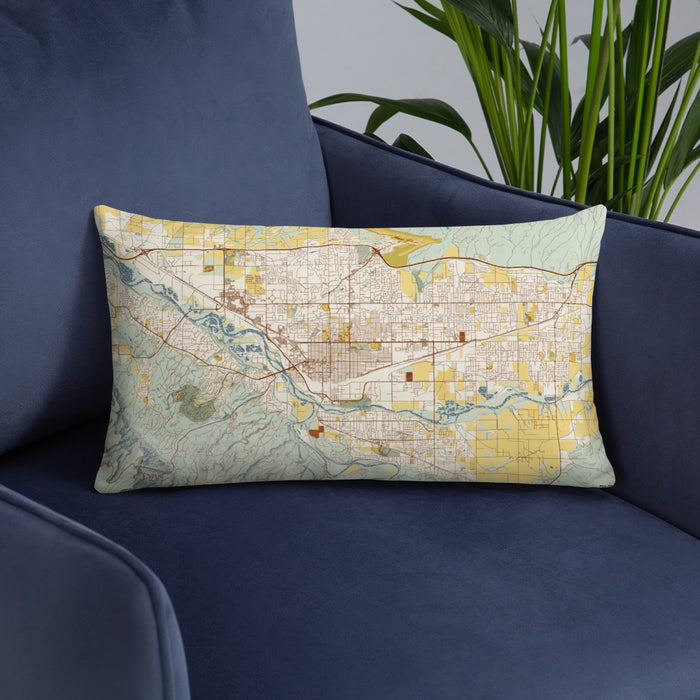 Custom Grand Junction Colorado Map Throw Pillow in Woodblock on Blue Colored Chair