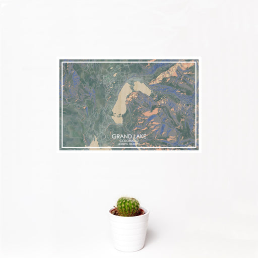 12x18 Grand Lake Colorado Map Print Landscape Orientation in Afternoon Style With Small Cactus Plant in White Planter