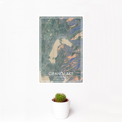 12x18 Grand Lake Colorado Map Print Portrait Orientation in Afternoon Style With Small Cactus Plant in White Planter