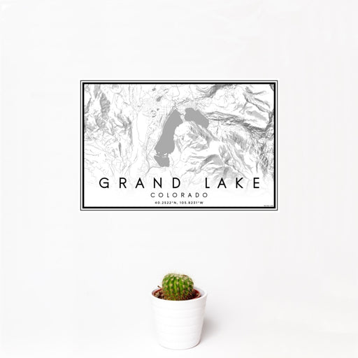 12x18 Grand Lake Colorado Map Print Landscape Orientation in Classic Style With Small Cactus Plant in White Planter