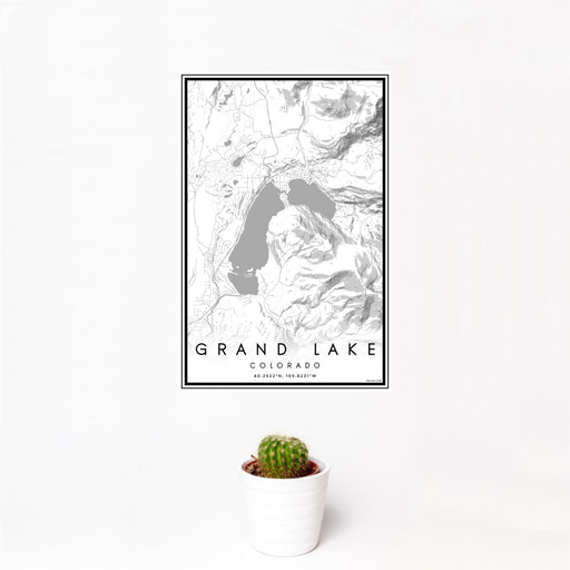 12x18 Grand Lake Colorado Map Print Portrait Orientation in Classic Style With Small Cactus Plant in White Planter