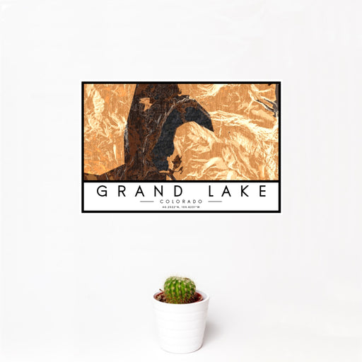 12x18 Grand Lake Colorado Map Print Landscape Orientation in Ember Style With Small Cactus Plant in White Planter