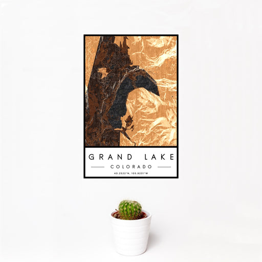 12x18 Grand Lake Colorado Map Print Portrait Orientation in Ember Style With Small Cactus Plant in White Planter
