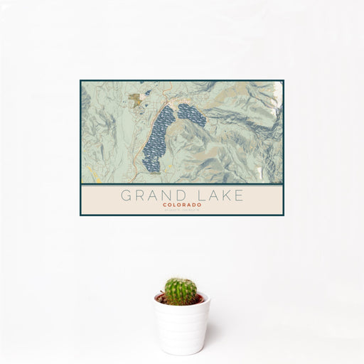 12x18 Grand Lake Colorado Map Print Landscape Orientation in Woodblock Style With Small Cactus Plant in White Planter