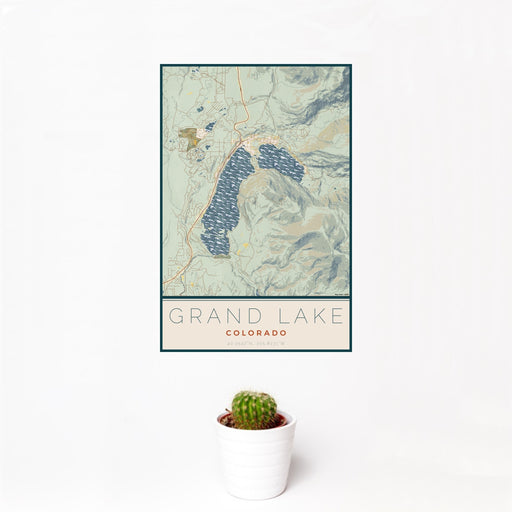 12x18 Grand Lake Colorado Map Print Portrait Orientation in Woodblock Style With Small Cactus Plant in White Planter
