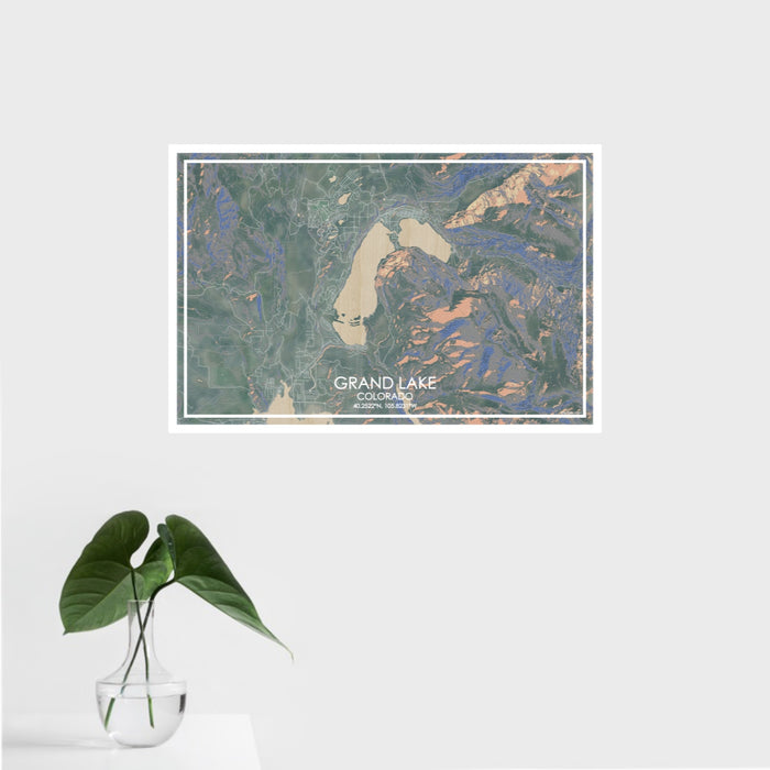 16x24 Grand Lake Colorado Map Print Landscape Orientation in Afternoon Style With Tropical Plant Leaves in Water