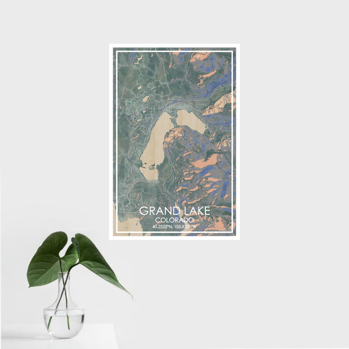 16x24 Grand Lake Colorado Map Print Portrait Orientation in Afternoon Style With Tropical Plant Leaves in Water