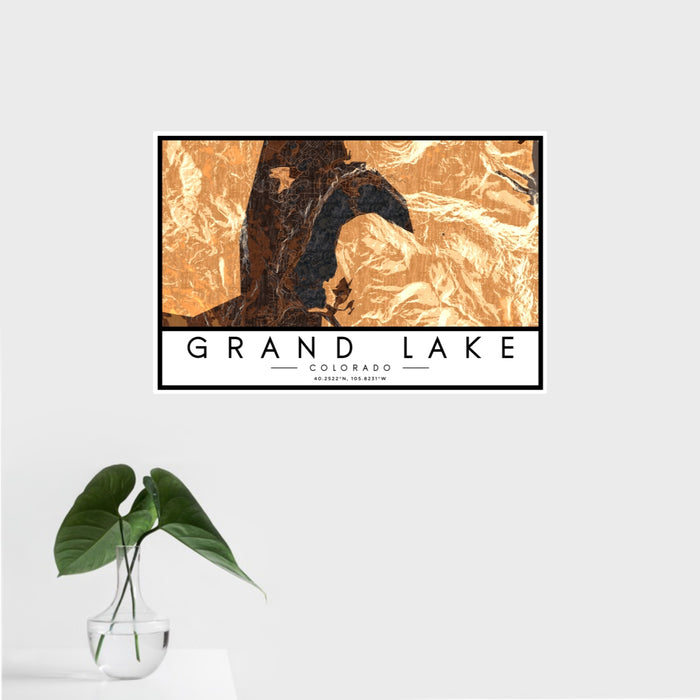 16x24 Grand Lake Colorado Map Print Landscape Orientation in Ember Style With Tropical Plant Leaves in Water
