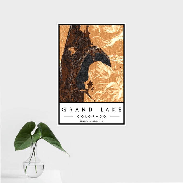 16x24 Grand Lake Colorado Map Print Portrait Orientation in Ember Style With Tropical Plant Leaves in Water