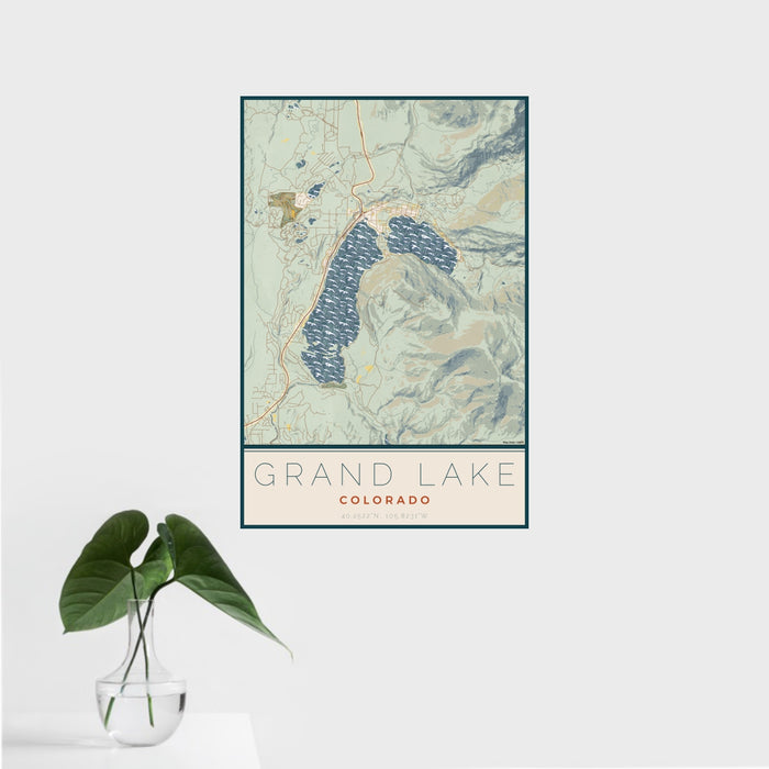 16x24 Grand Lake Colorado Map Print Portrait Orientation in Woodblock Style With Tropical Plant Leaves in Water