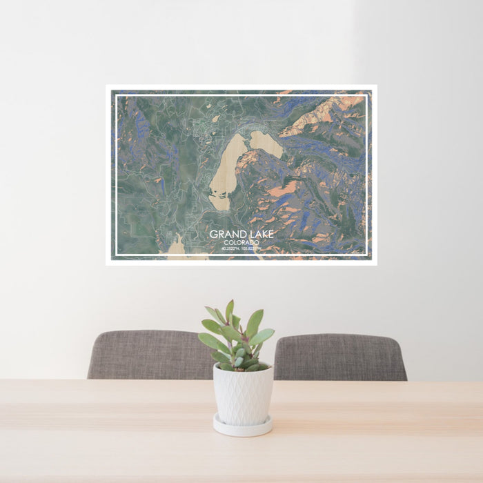 24x36 Grand Lake Colorado Map Print Lanscape Orientation in Afternoon Style Behind 2 Chairs Table and Potted Plant