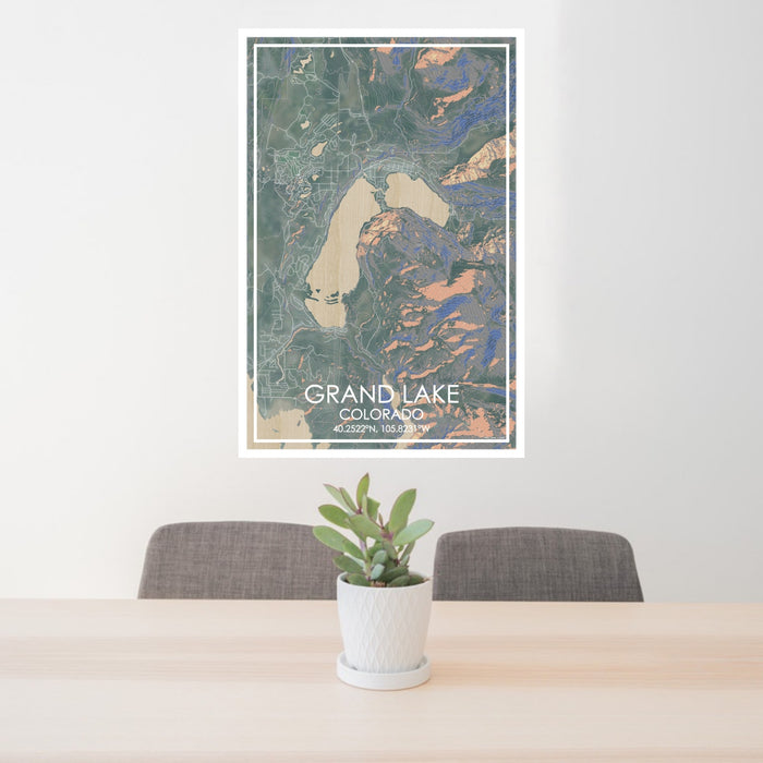 24x36 Grand Lake Colorado Map Print Portrait Orientation in Afternoon Style Behind 2 Chairs Table and Potted Plant