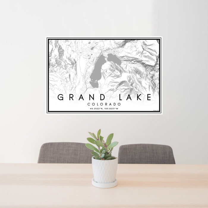 24x36 Grand Lake Colorado Map Print Lanscape Orientation in Classic Style Behind 2 Chairs Table and Potted Plant