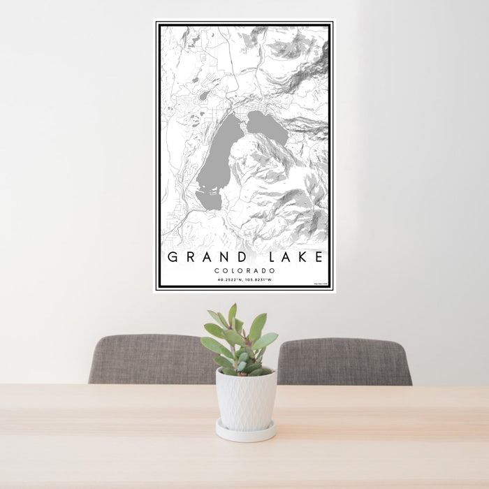 24x36 Grand Lake Colorado Map Print Portrait Orientation in Classic Style Behind 2 Chairs Table and Potted Plant