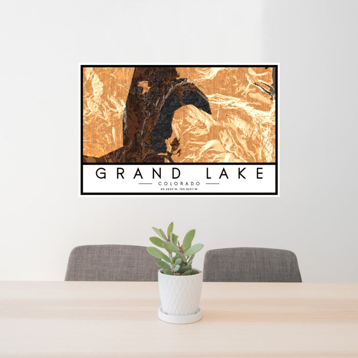 24x36 Grand Lake Colorado Map Print Lanscape Orientation in Ember Style Behind 2 Chairs Table and Potted Plant