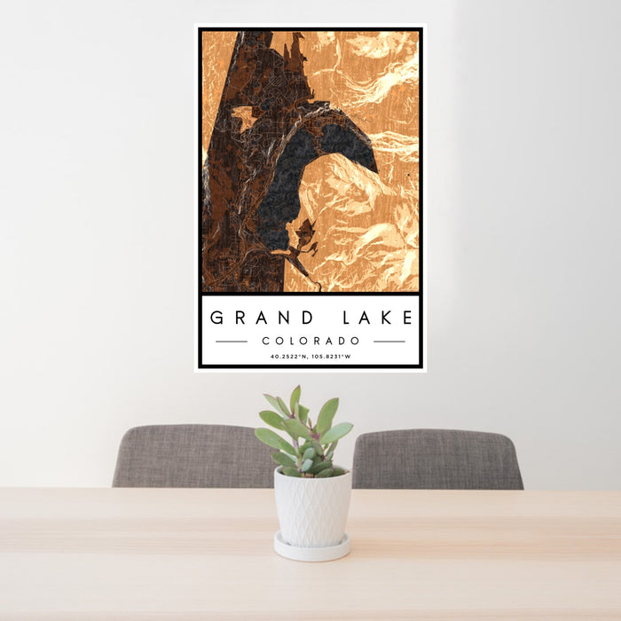 24x36 Grand Lake Colorado Map Print Portrait Orientation in Ember Style Behind 2 Chairs Table and Potted Plant