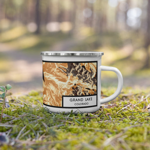 Right View Custom Grand Lake Colorado Map Enamel Mug in Ember on Grass With Trees in Background
