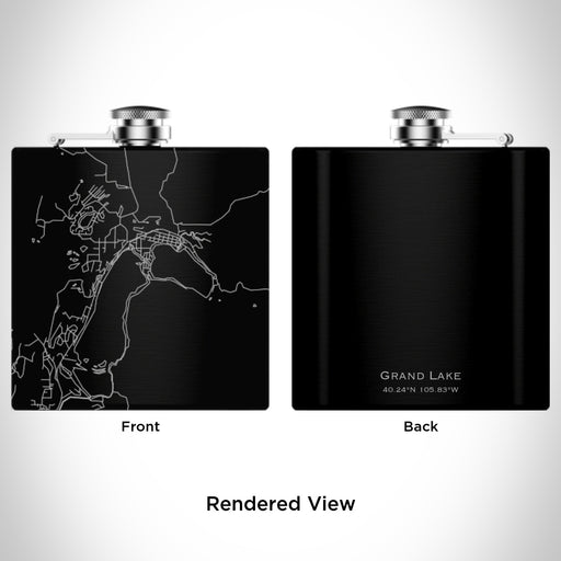 Rendered View of Grand Lake Colorado Map Engraving on 6oz Stainless Steel Flask in Black