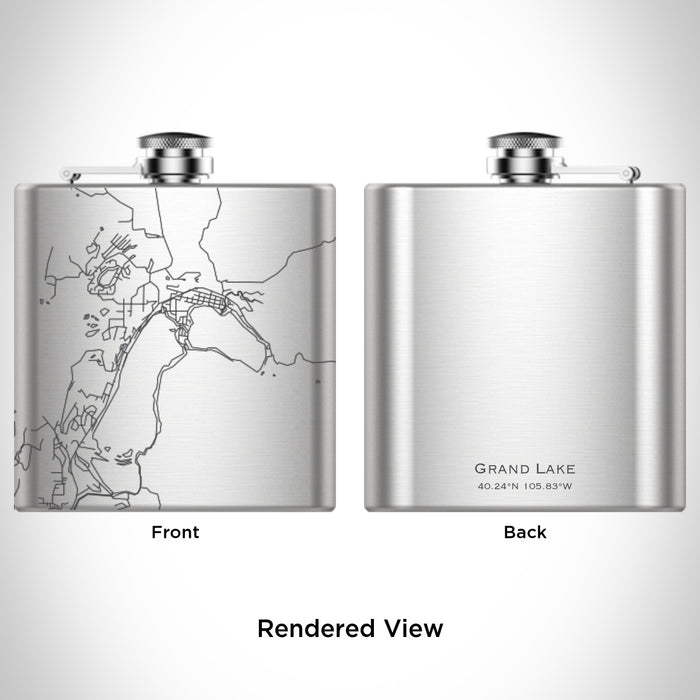 Rendered View of Grand Lake Colorado Map Engraving on 6oz Stainless Steel Flask