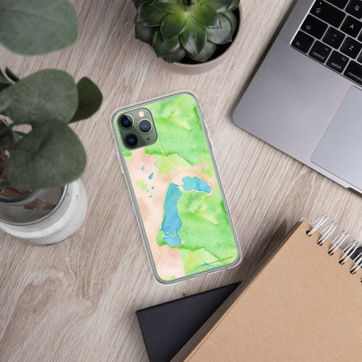 Custom Grand Lake Colorado Map Phone Case in Watercolor on Table with Laptop and Plant
