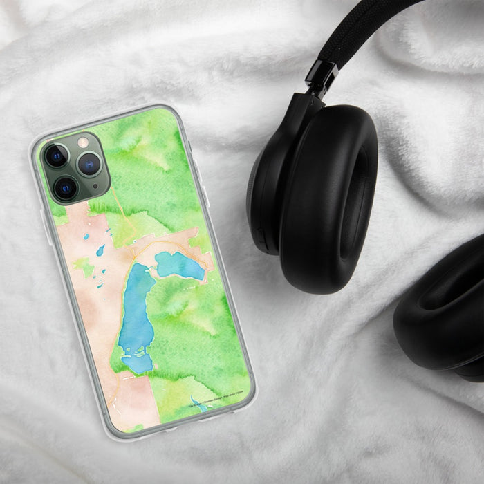 Custom Grand Lake Colorado Map Phone Case in Watercolor on Table with Black Headphones